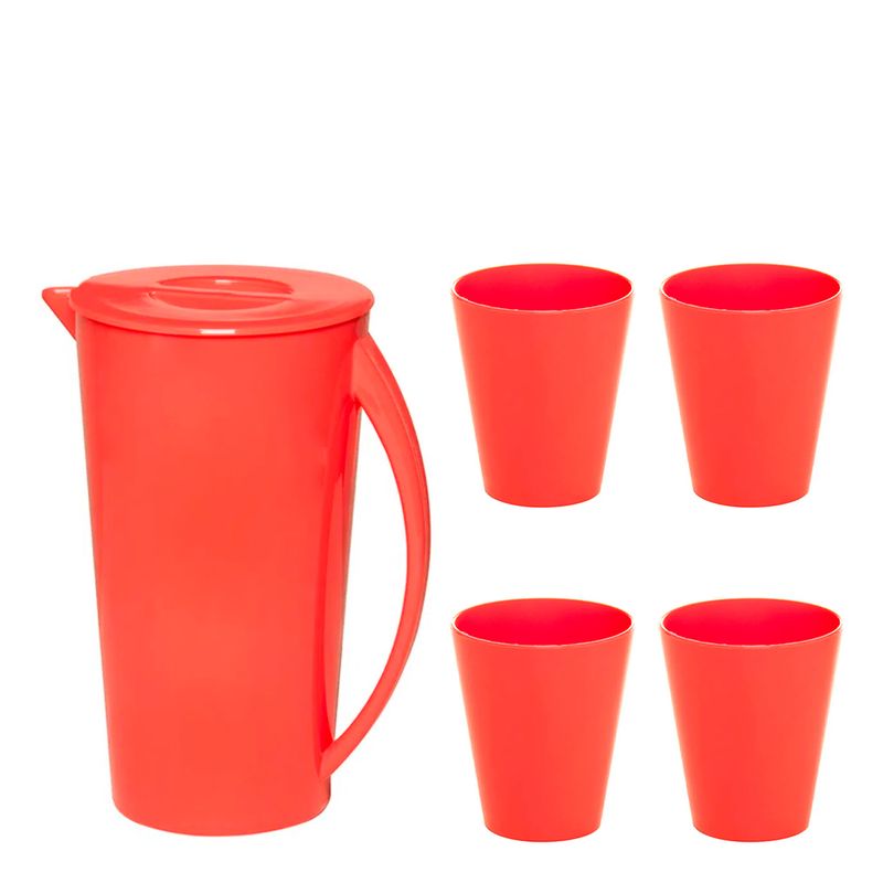 Kit Jarra Fresc 2,5L Com 4 Copos Coral em Polipropileno Linha Tendência