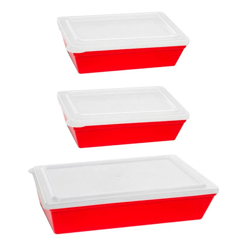 Kit Travessas Stillo Com Tampa 3 Peças Vermelho em Polipropileno Linha Tropical Vemplast