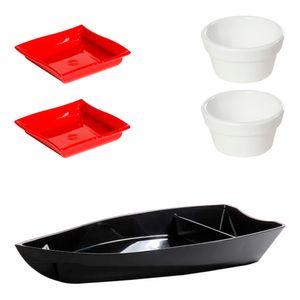 Kit Sushi Com 1 Barco + 2 Molheiras + 2 Ramequim Preto em Polipropileno Linha Tropical VEM