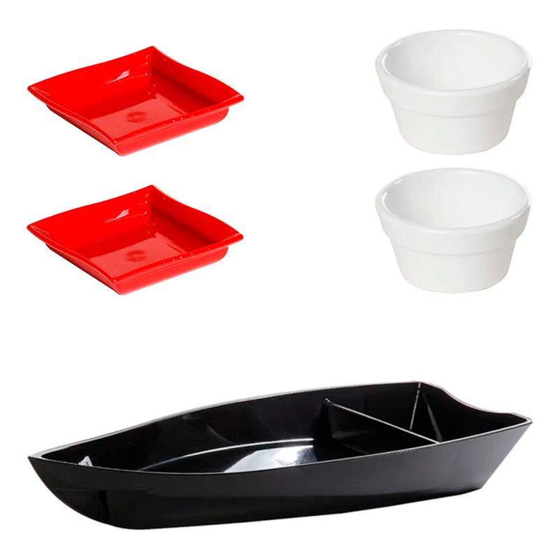 Kit Sushi Com 1 Barco + 2 Molheiras + 2 Ramequim Preto em Polipropileno Linha Tropical Vemplast