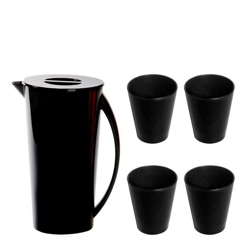 Kit Jarra Fresc Com 4 Copos Preto em Polipropileno Linha Tropical Vemplast