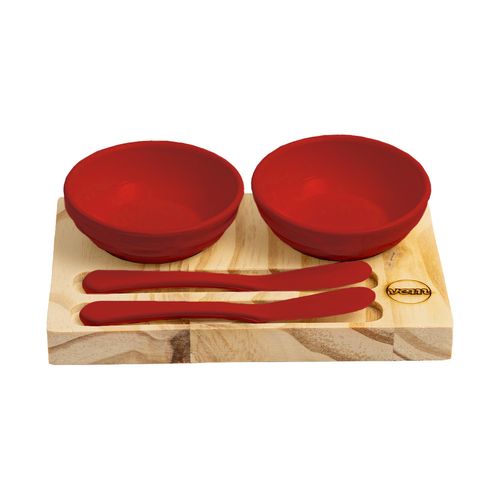 Conjunto Patezeira Wooden Glow 18x12cm em Madeira Pinus com 2 Molheiras e Espátulas Vermelhas
