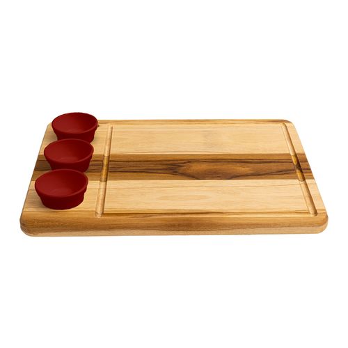Tábua Retangular Wooden Glow 40x29cm em Madeira Teca com 3 Ramequins Vermelhos